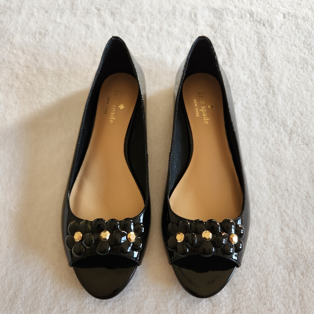 Kate Spade Black Patent Leather Peep Toe Flats Women's 7.5